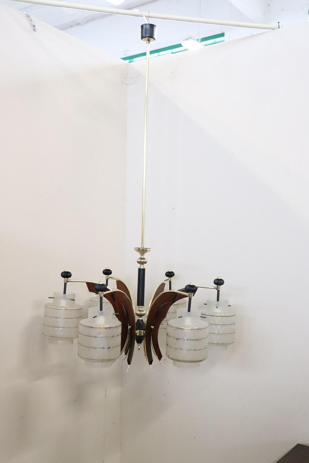 Mid-20th Century Italian Design Glass Bolws, Black Lacquered Metal and Brass Chandelier, 1950s For Sale