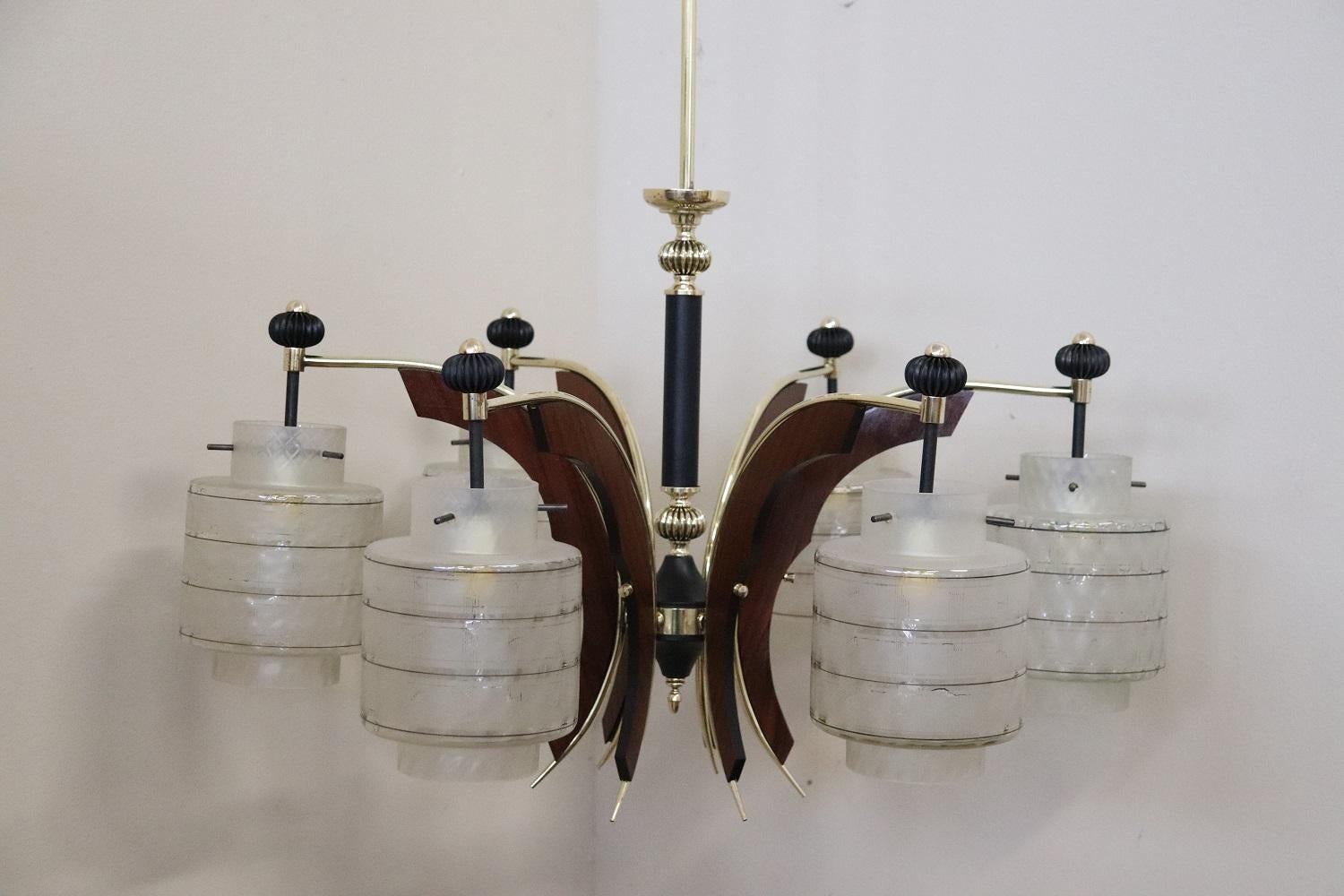 Italian Design Glass Bolws, Black Lacquered Metal and Brass Chandelier, 1950s For Sale 1