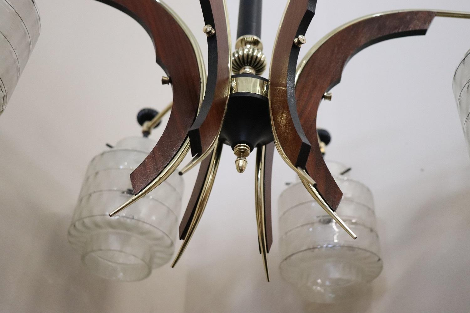 Italian Design Glass Bolws, Black Lacquered Metal and Brass Chandelier, 1950s For Sale 3