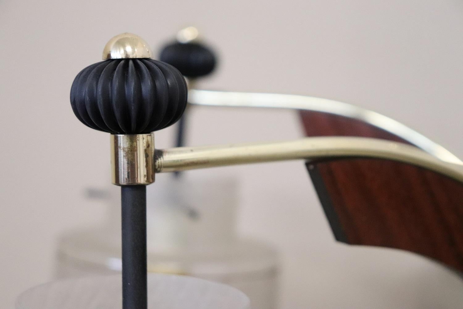 Italian Design Glass Bolws, Black Lacquered Metal and Brass Chandelier, 1950s For Sale 4