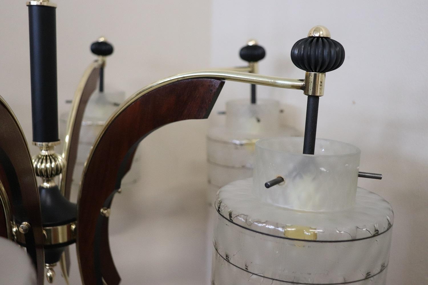 Italian Design Glass Bolws, Black Lacquered Metal and Brass Chandelier, 1950s For Sale 5