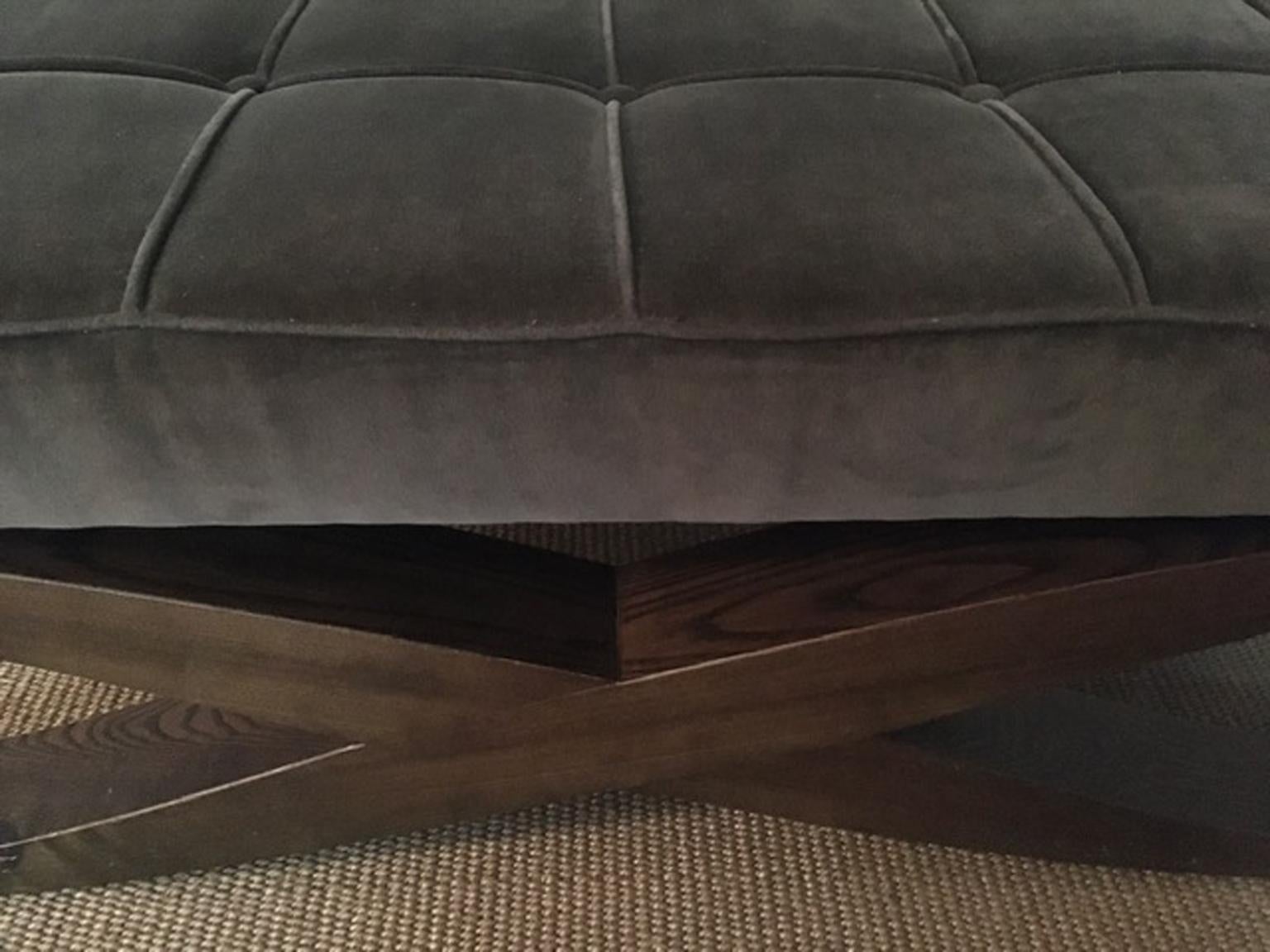 Fabric Italy Grey Velvet Upholstered Coffee Table with Crossed Wood Legs For Sale
