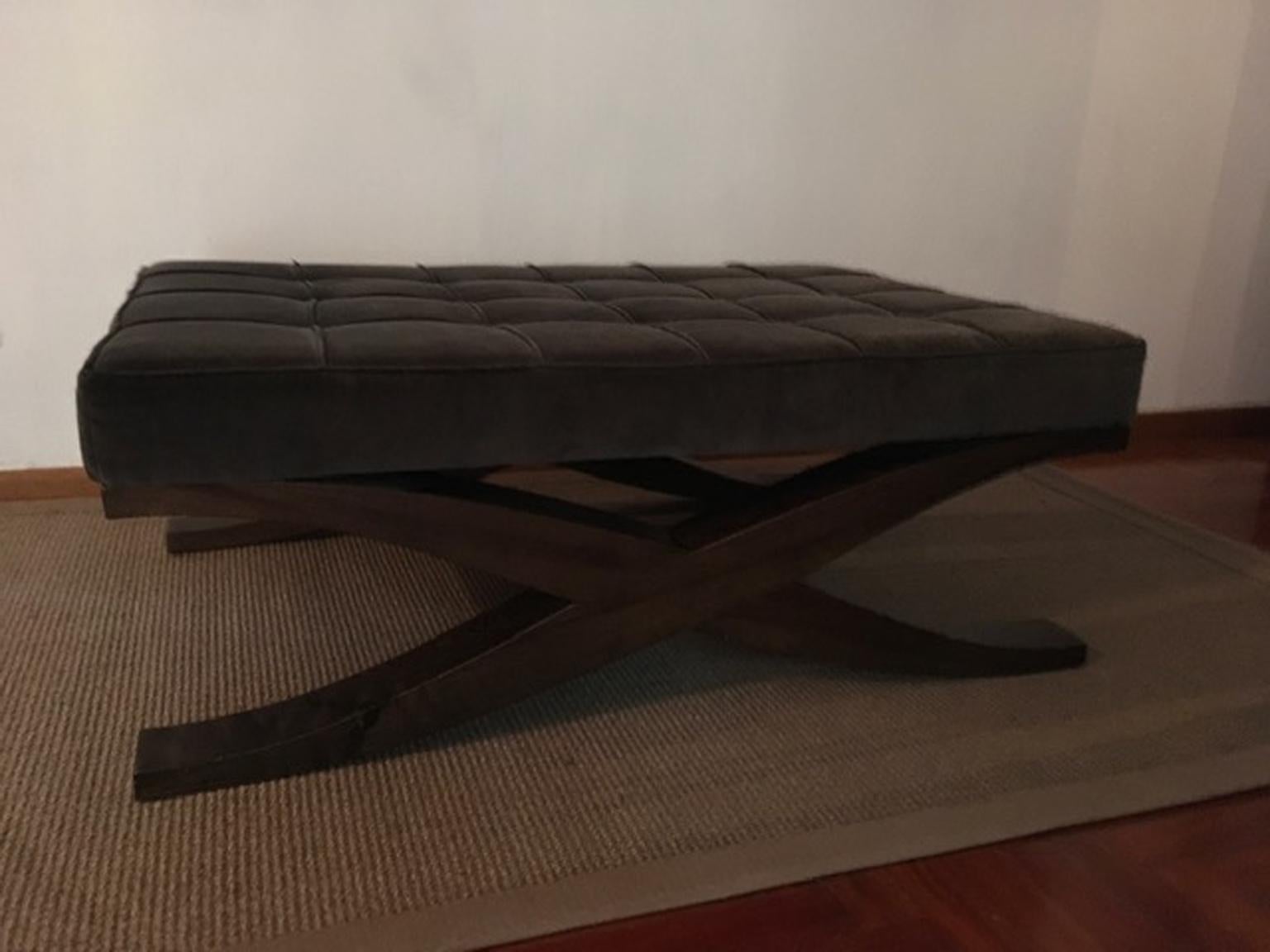 Italy Grey Velvet Upholstered Coffee Table with Crossed Wood Legs For Sale 3