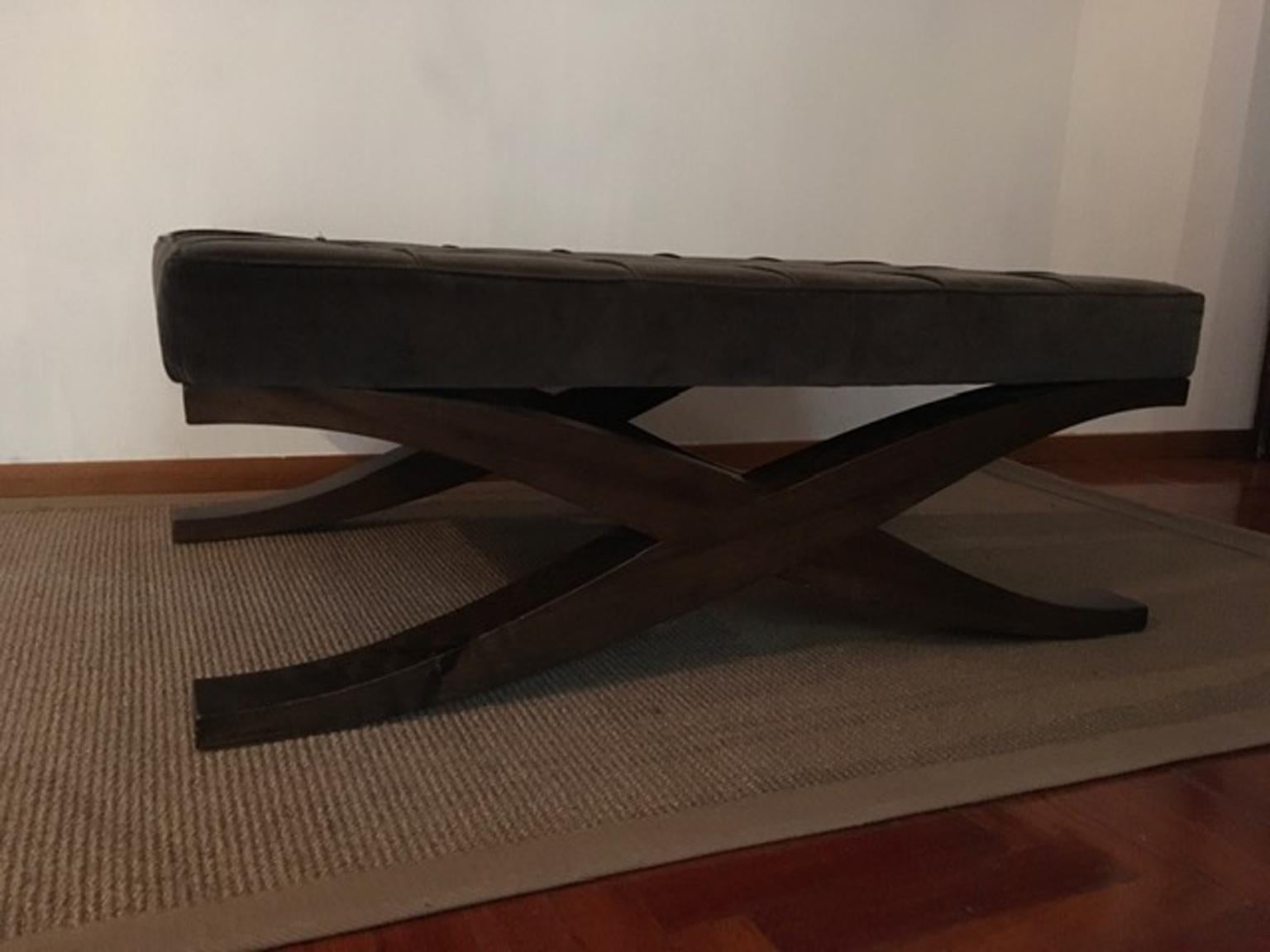 Italy Grey Velvet Upholstered Coffee Table with Crossed Wood Legs For Sale 4