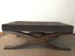 Italy Grey Velvet Upholstered Coffee Table with Crossed Wood Legs