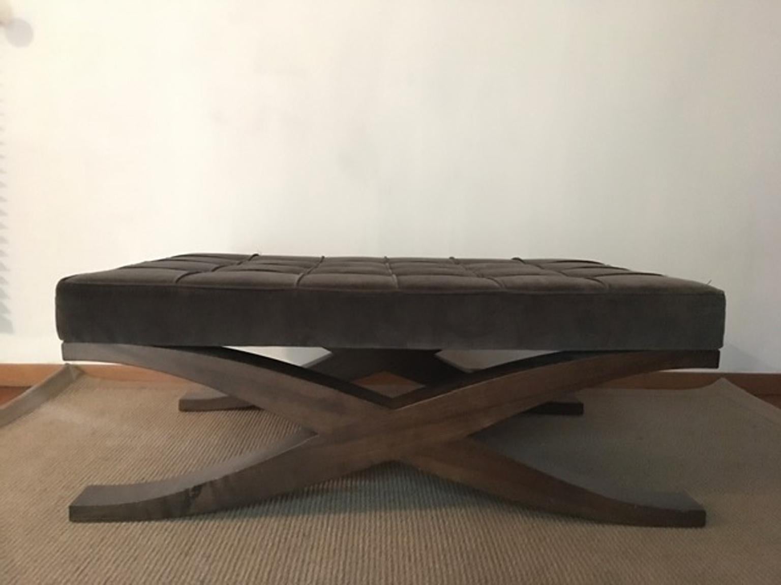 Italian Italy Grey Velvet Upholstered Coffee Table with Crossed Wood Legs For Sale