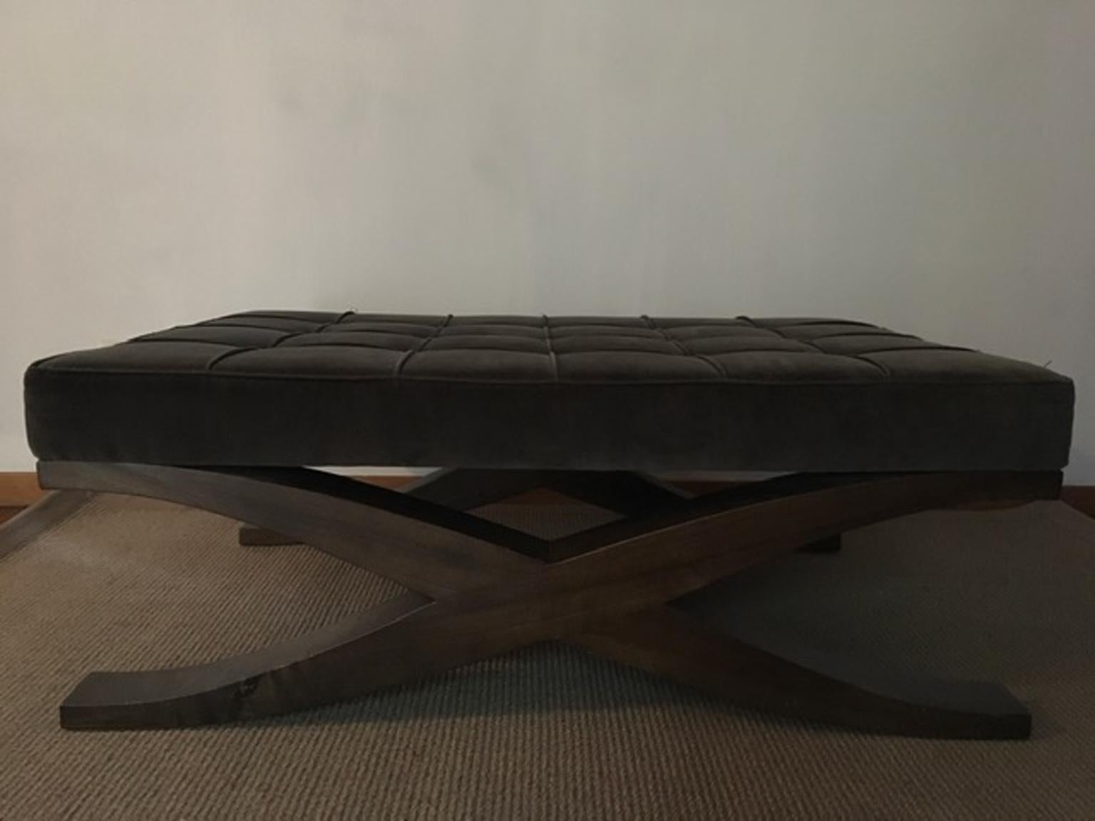 Italy Grey Velvet Upholstered Coffee Table with Crossed Wood Legs In Good Condition For Sale In Brescia, IT