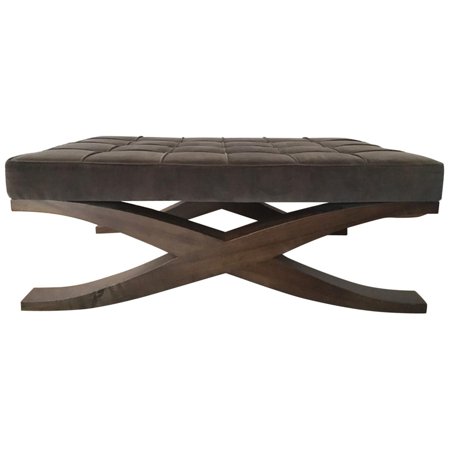 Italy Grey Velvet Upholstered Coffee Table with Crossed Wood Legs For Sale