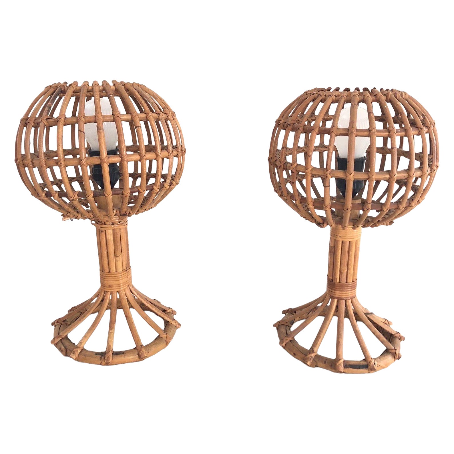 Paire de veilleuses en bambou fabriquées à la main, design italien, années 1950, Italie en vente