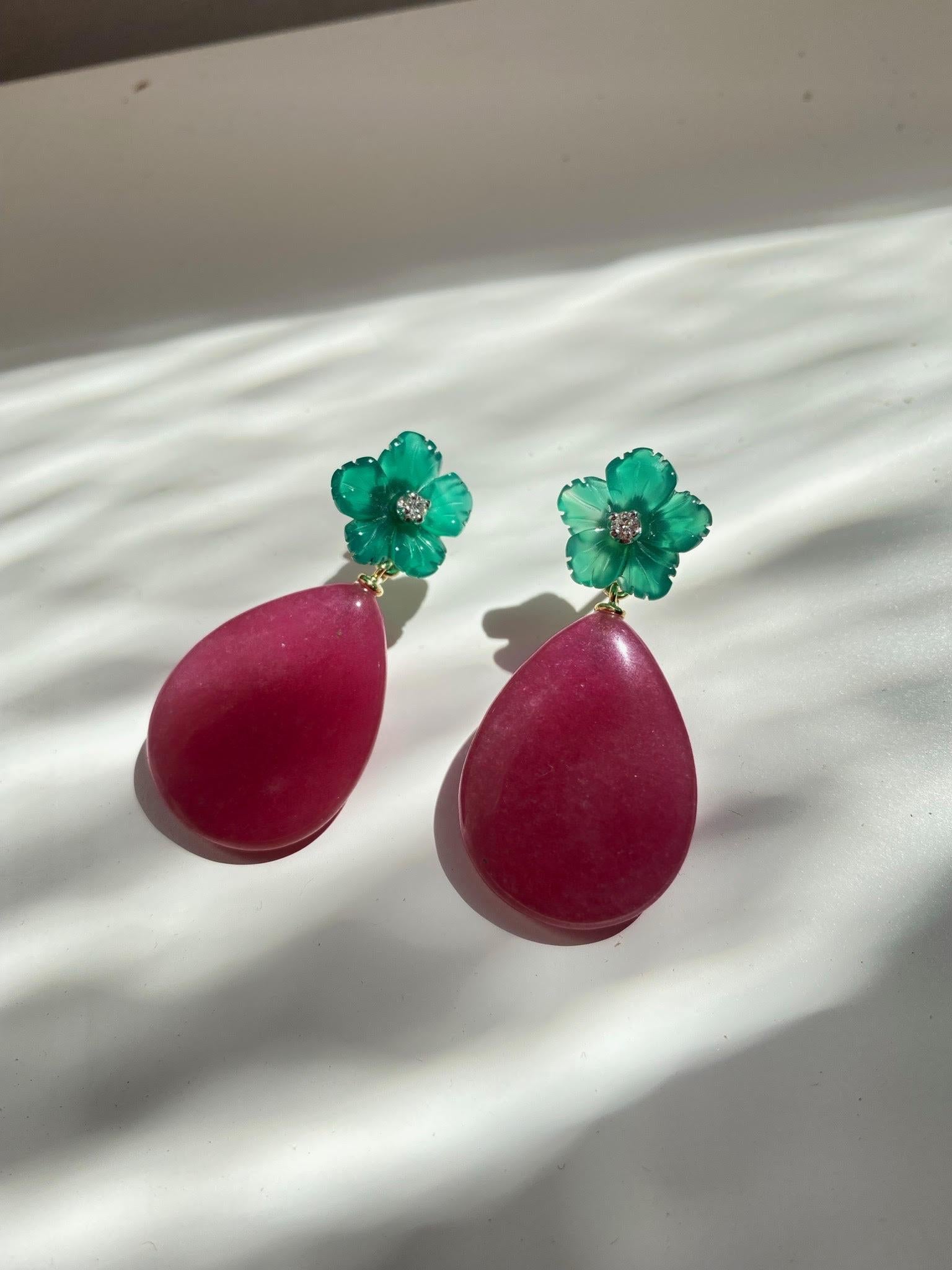 Italian Design Jade Green Agate Diamonds 18k Gold Happy Flower Dangle Earrings For Sale 5