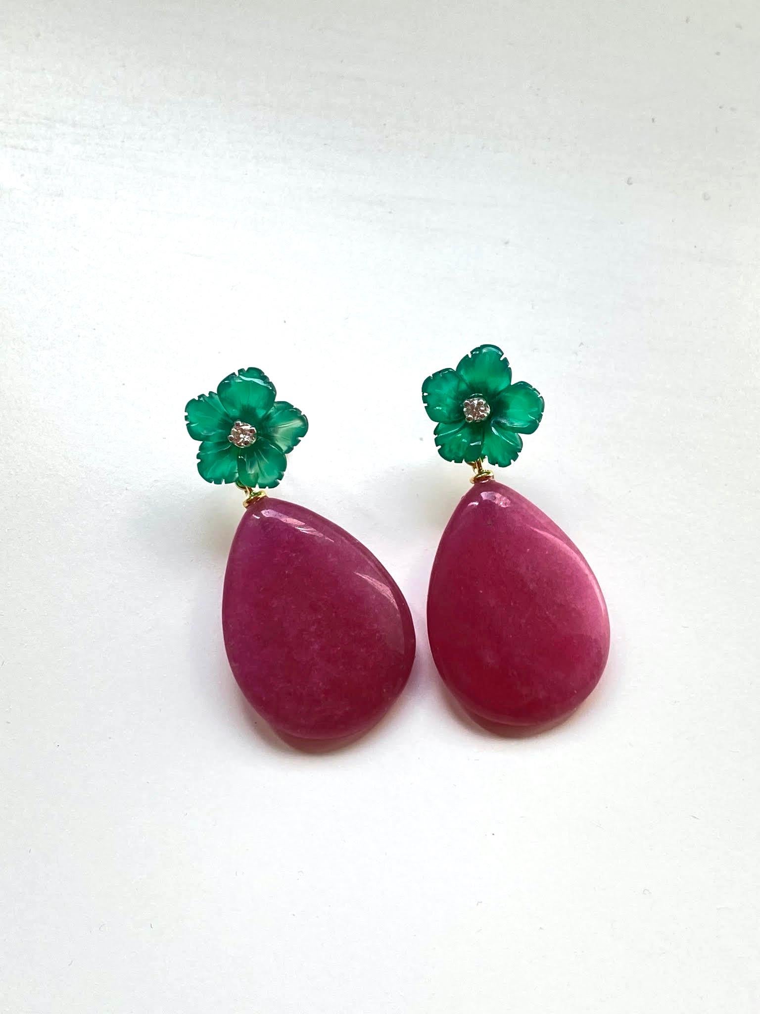 Italian Design Jade Green Agate Diamonds 18k Gold Happy Flower Dangle Earrings For Sale 7