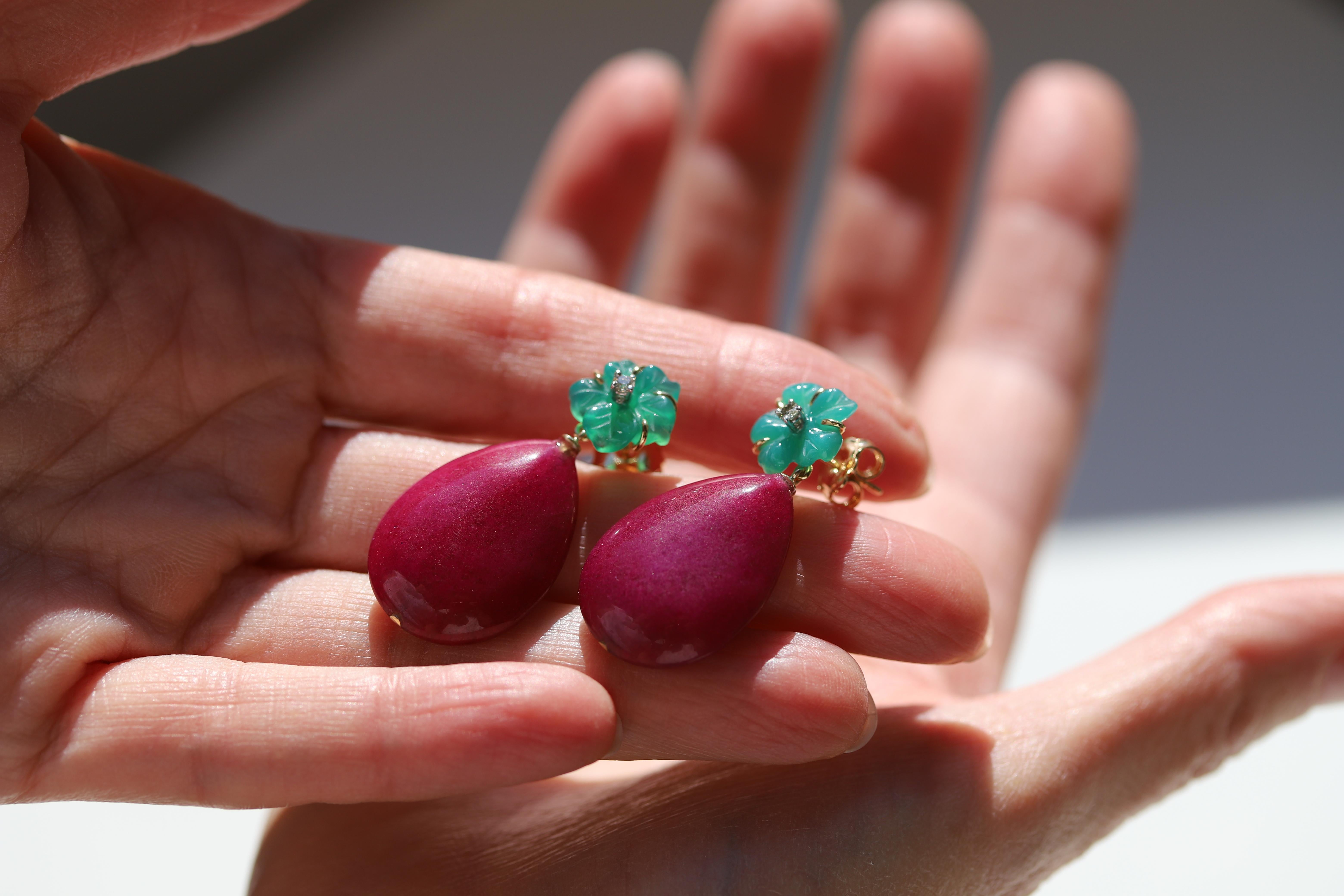 Art Deco Italian Design Jade Green Agate Diamonds 18k Gold Happy Flower Dangle Earrings For Sale