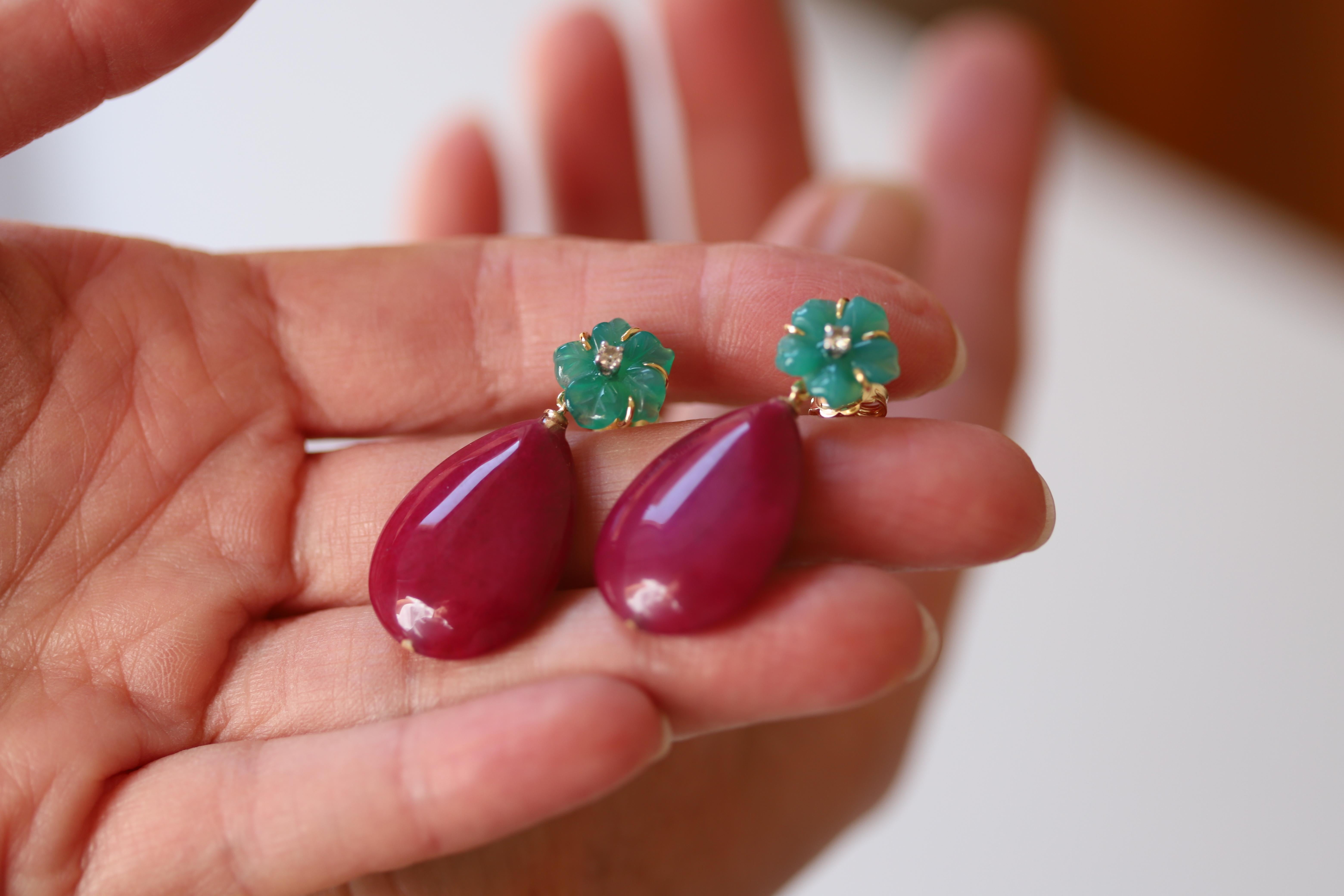 Italian Design Jade Green Agate Diamonds 18k Gold Happy Flower Dangle Earrings For Sale 3