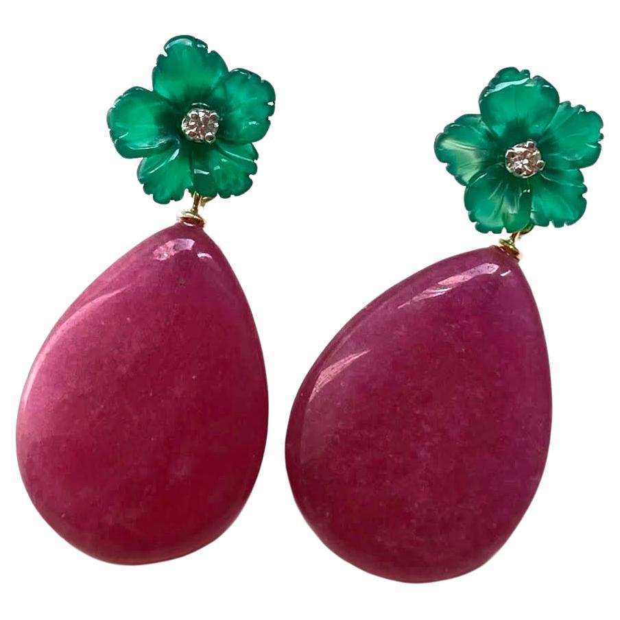 Red Jade 0.06c White Diamonds Green Agate 18k Gold Happy Flower Dangle Earrings
