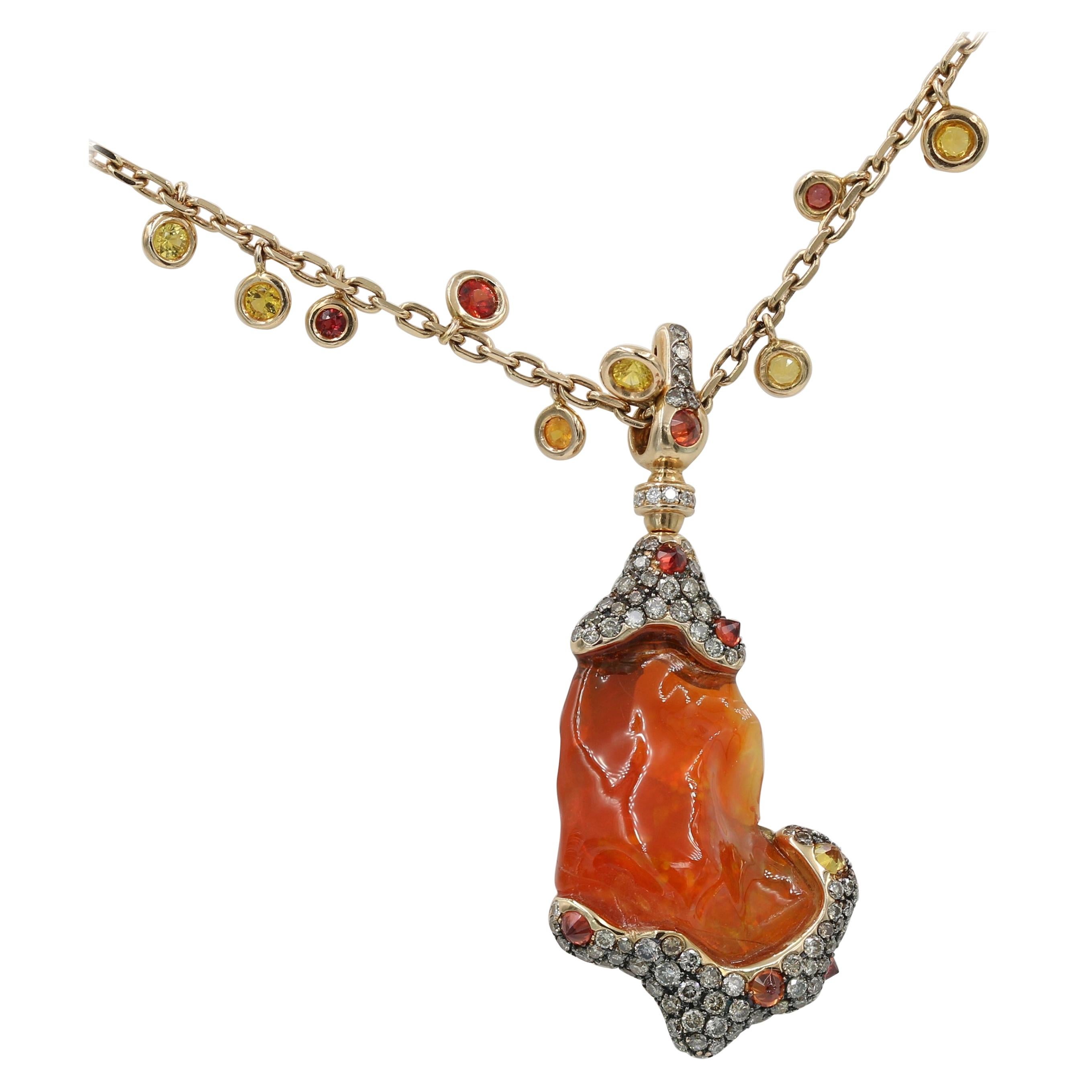 Italian Design "Lava" Necklace with Fire Opal, Sapph and Dia in 18 Karat RG