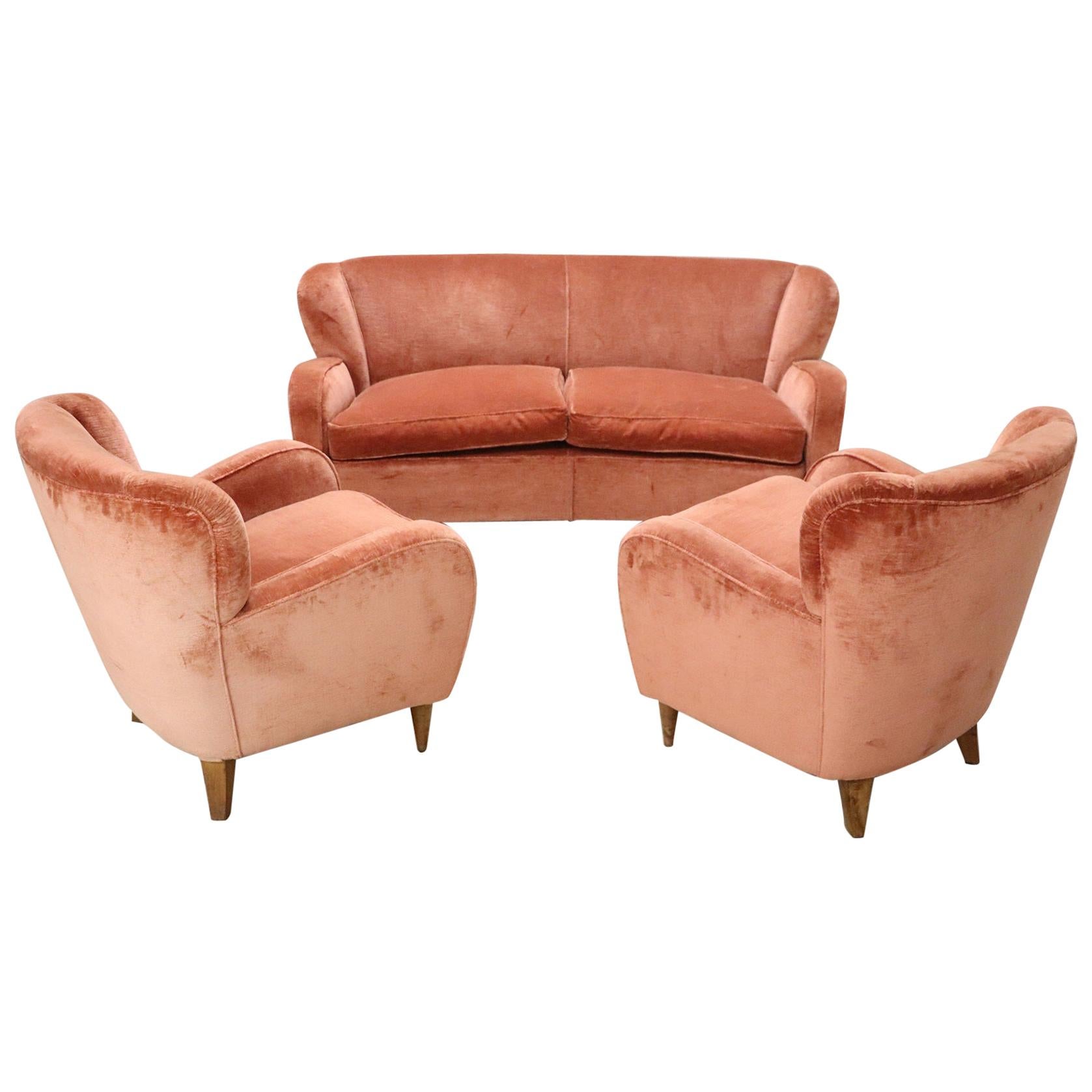 Italian Design Living Room Set or Salon Suite in Pink Velvet, 1970s