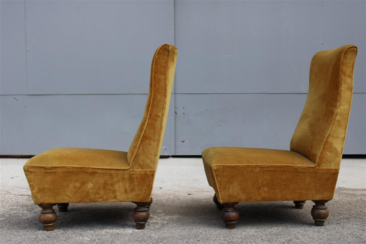 Mid-Century Modern Italian Design Low Armchairs from 1950 Orange Wooden Feet Velvet for Bedroom