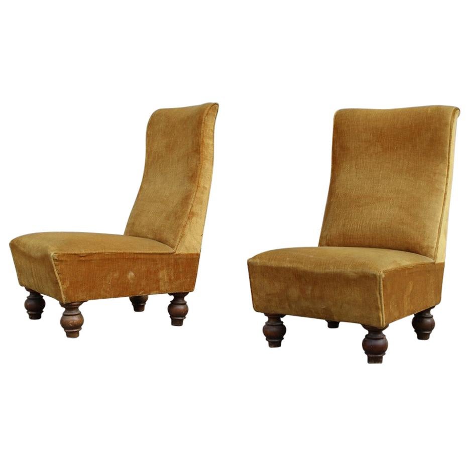 Italian Design Low Armchairs from 1950 Orange Wooden Feet Velvet for Bedroom