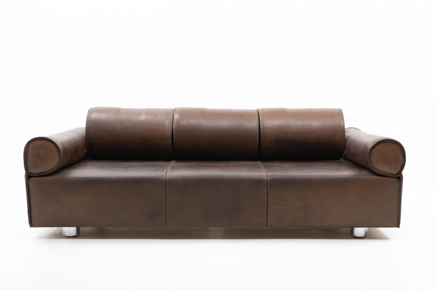 Italian Design Marzio Cecchi Three-seater Sofa in Brown Buffalo Leather, 1970s For Sale 5