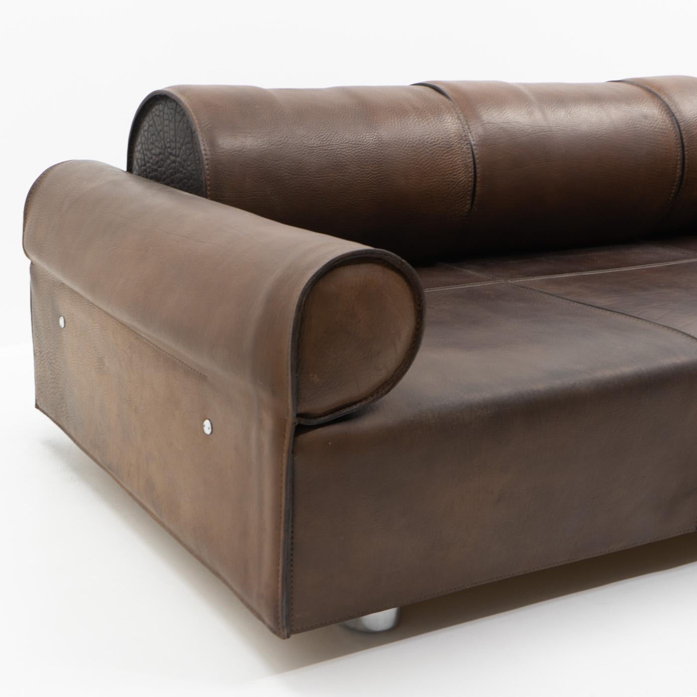 Italian Design Marzio Cecchi Three-seater Sofa in Brown Buffalo Leather, 1970s For Sale 6