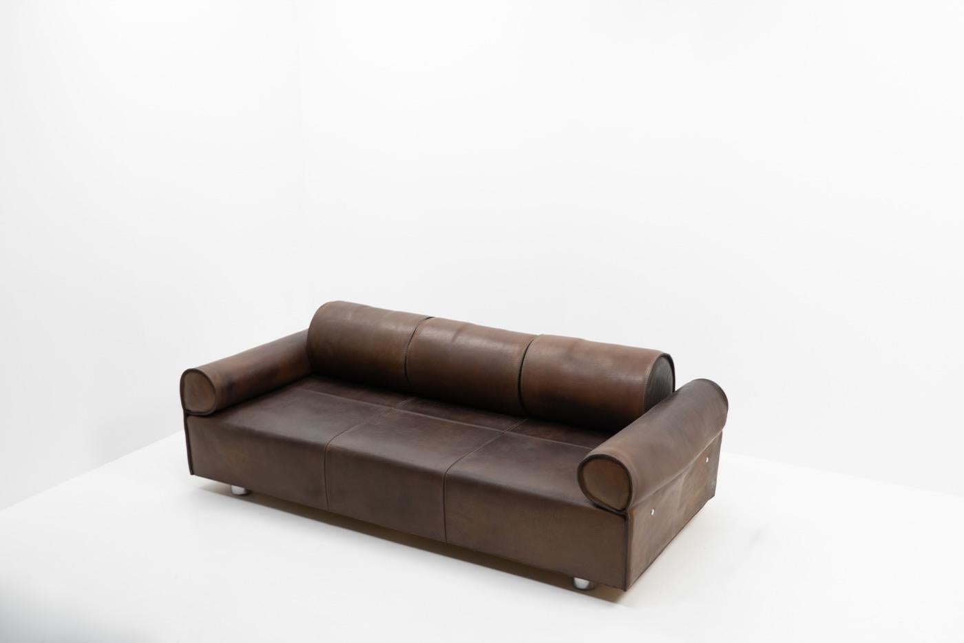 Italian Design Marzio Cecchi Three-seater Sofa in Brown Buffalo Leather, 1970s For Sale 12