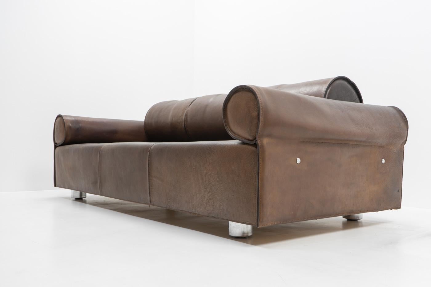 Italian Design Marzio Cecchi Three-seater Sofa in Brown Buffalo Leather, 1970s For Sale 15