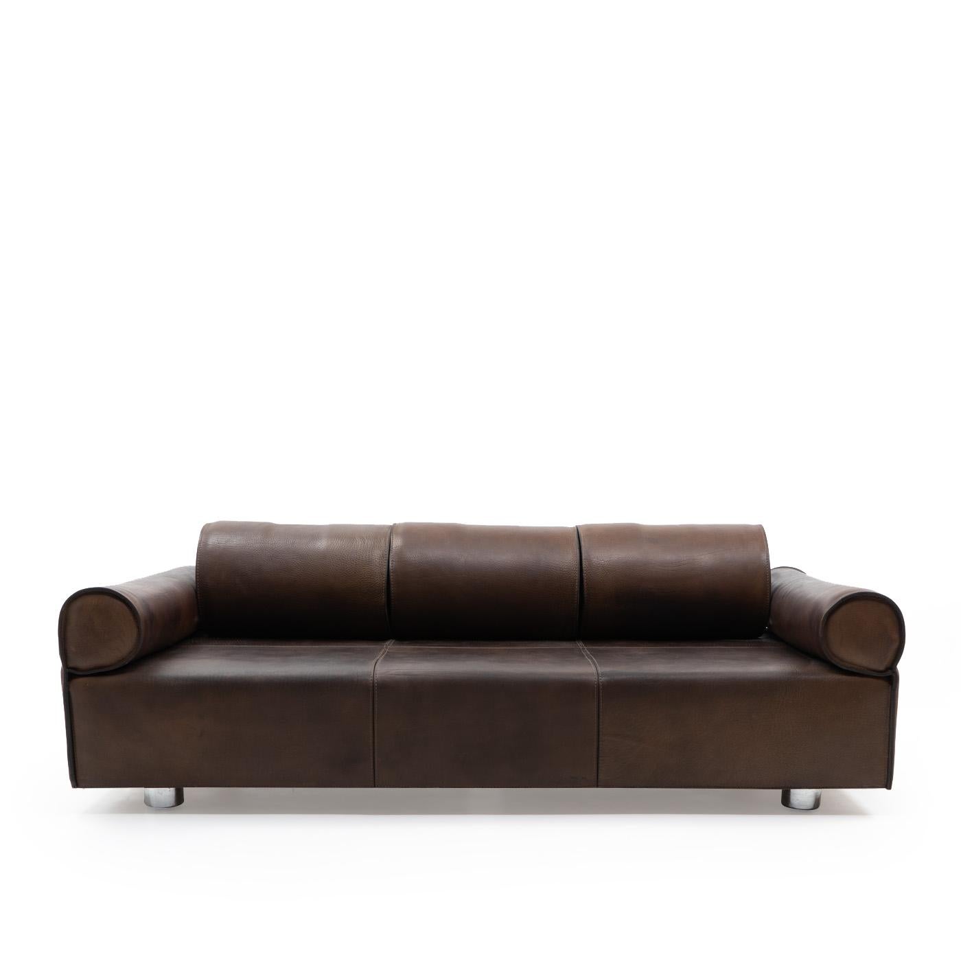 Mid-Century Modern Italian Design Marzio Cecchi Three-seater Sofa in Brown Buffalo Leather, 1970s For Sale