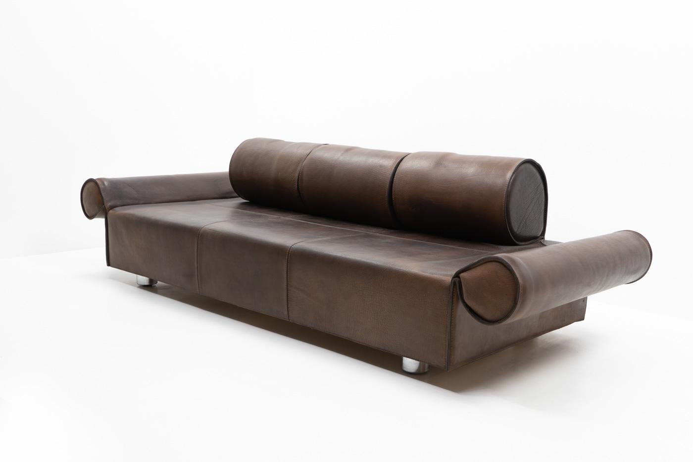 Late 20th Century Italian Design Marzio Cecchi Three-seater Sofa in Brown Buffalo Leather, 1970s For Sale