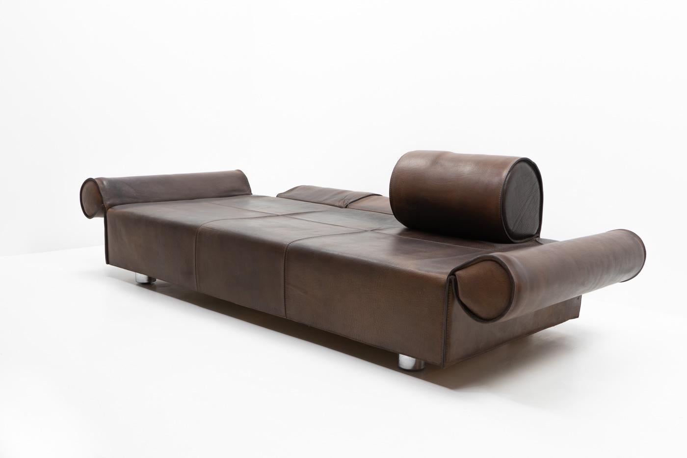 Italian Design Marzio Cecchi Three-seater Sofa in Brown Buffalo Leather, 1970s For Sale 1