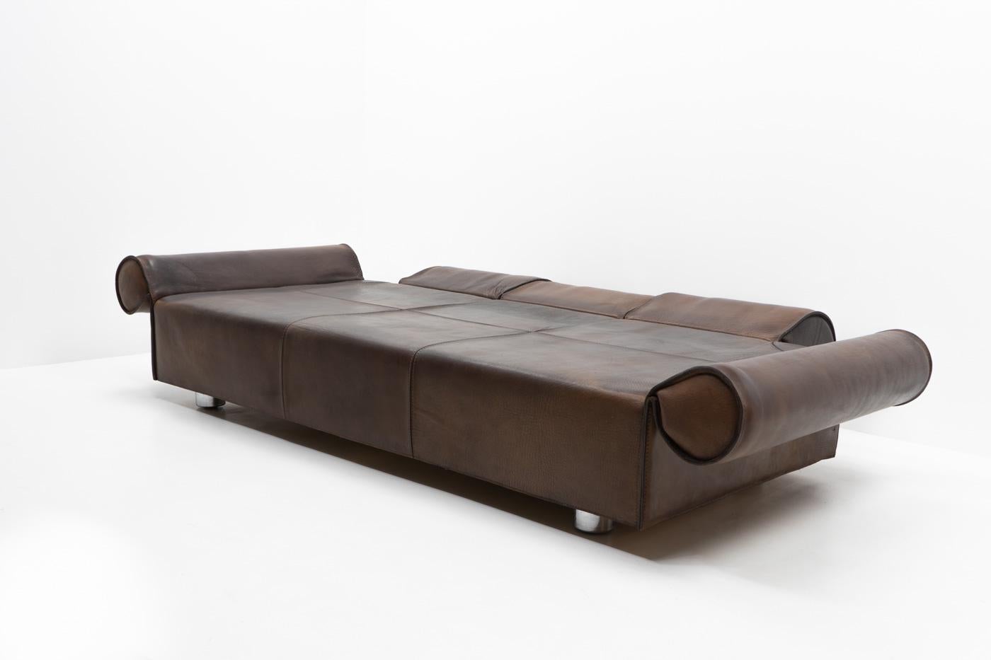 Italian Design Marzio Cecchi Three-seater Sofa in Brown Buffalo Leather, 1970s For Sale 2