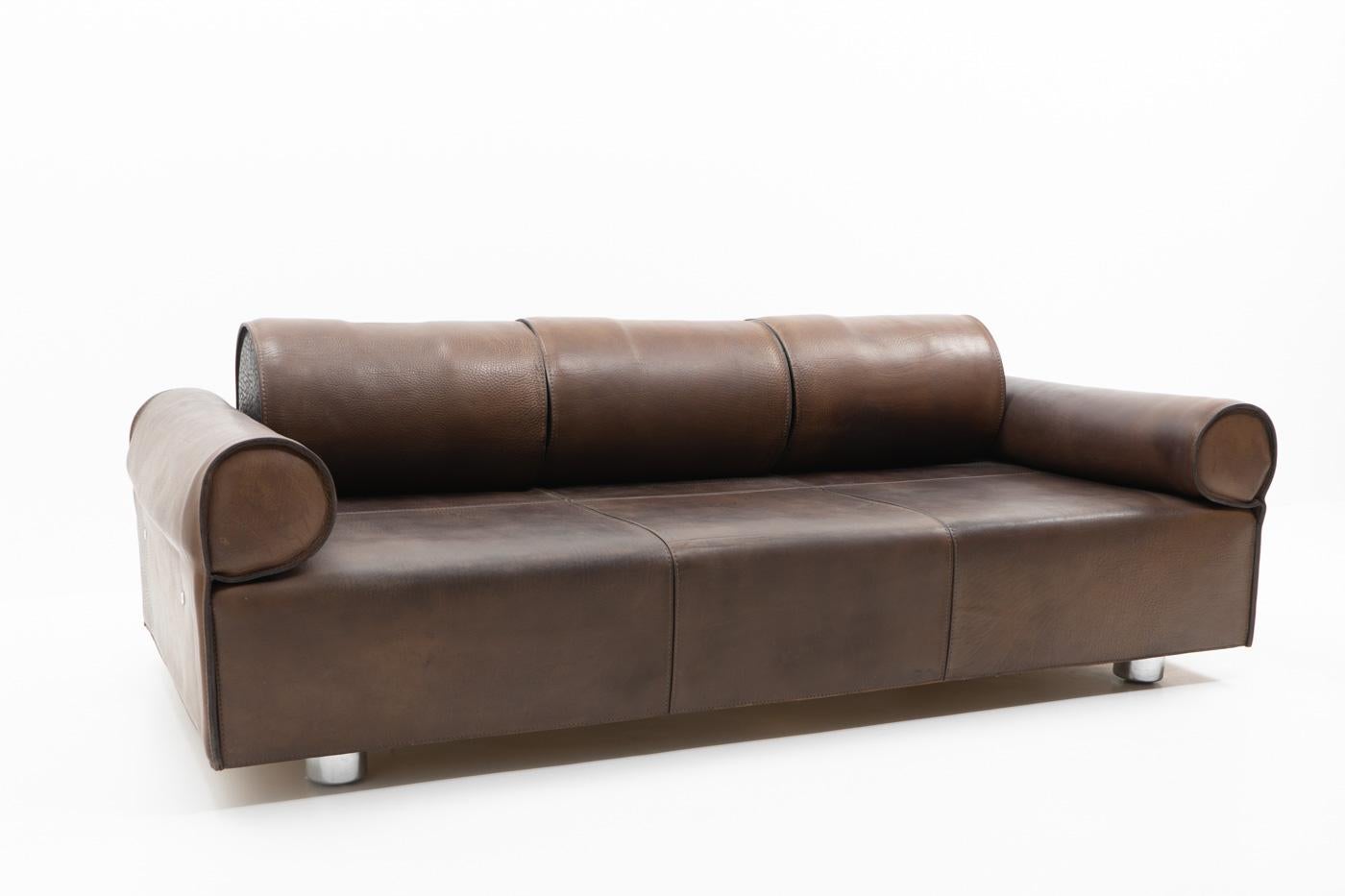 Italian Design Marzio Cecchi Three-seater Sofa in Brown Buffalo Leather, 1970s For Sale 4