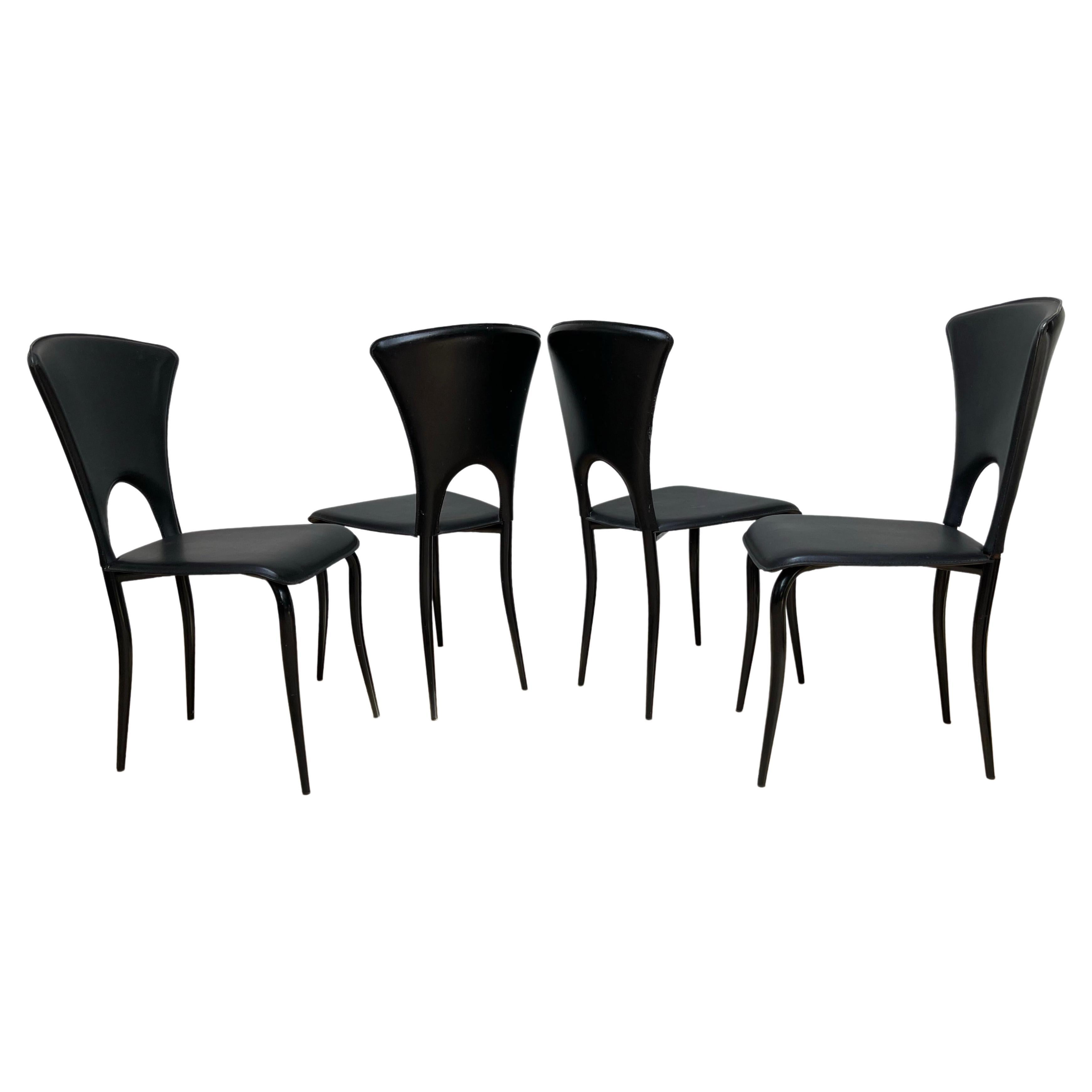 Italian Design Mid-Century Modern Set of 4 Dining Chairs w. Black Leather Seats