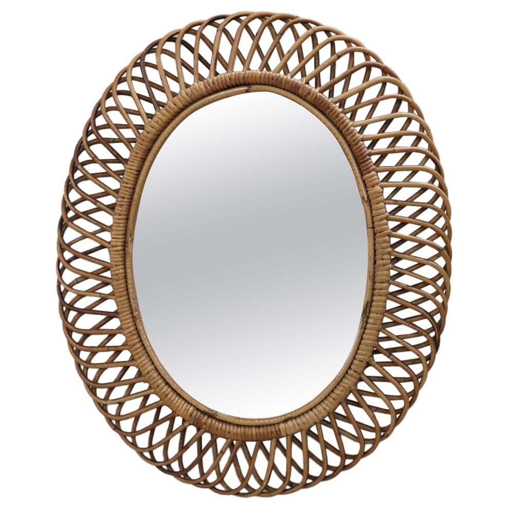 Italian Design Mid-Century Oval Wall Mirror in Bamboo