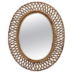 Italian Design Mid-Century Oval Wall Mirror in Bamboo