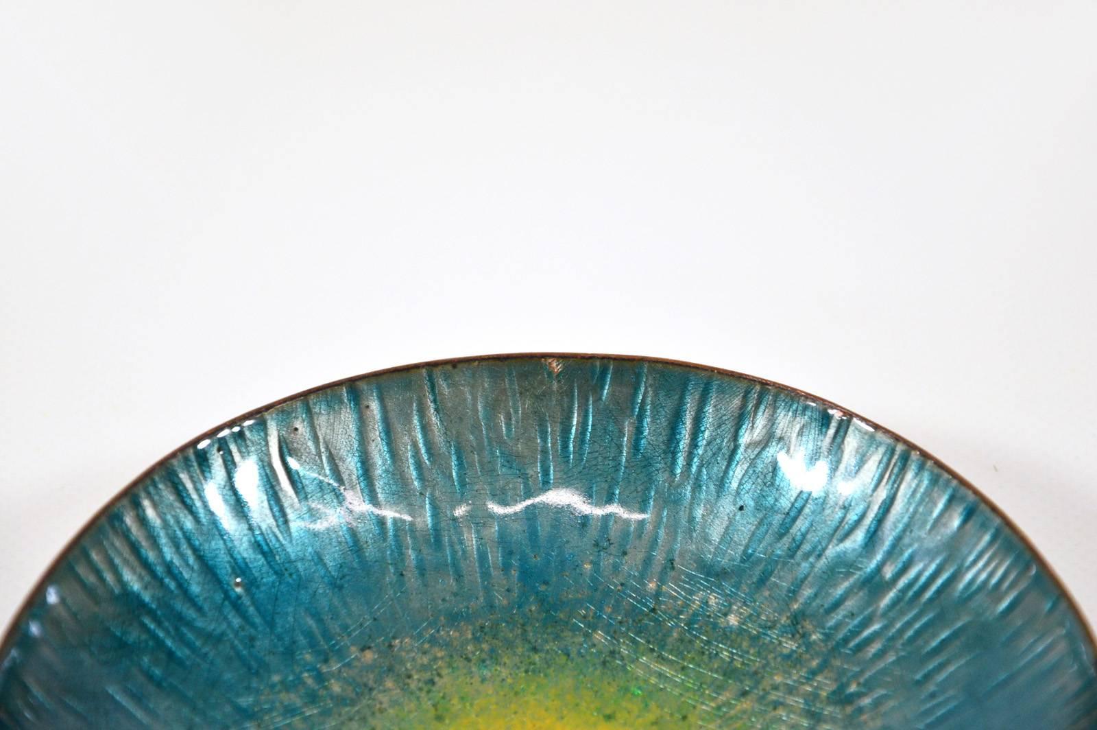Enameled Italian Design Midcentury Turquoise and Yellow Enamel Bowl after Paolo De Poli
