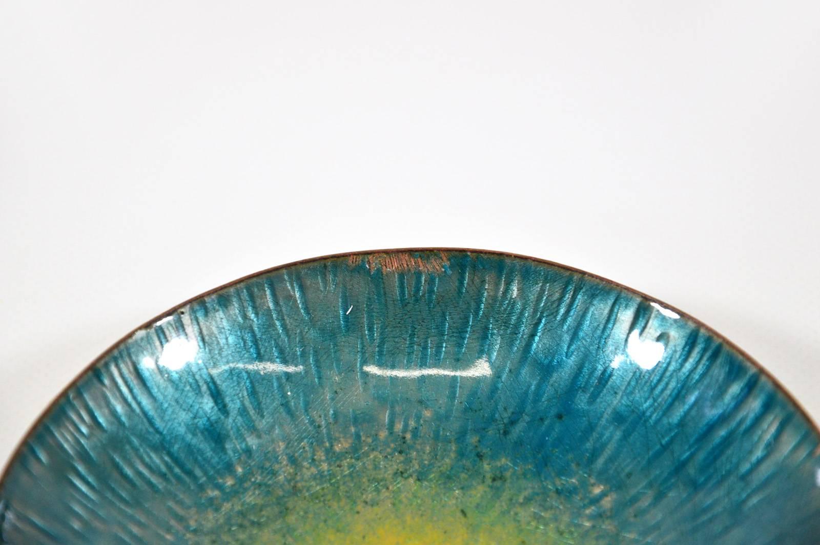 Italian Design Midcentury Turquoise and Yellow Enamel Bowl after Paolo De Poli In Good Condition In Rome, IT