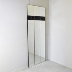 Italian Design Mirror Coat Rack, Three-Panel Glass and Black Lacquered Wood, 1980s
