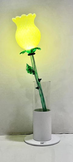 Italian Design Organic Modern Yellow Art Glass Lit Flower White Vase/Table Lamp