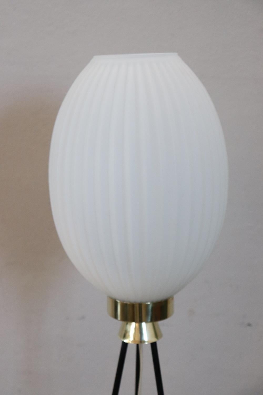 Mid-20th Century Italian Design Opaline Glass and Brass Stilnovo Style Floor Lamp, 1950s For Sale