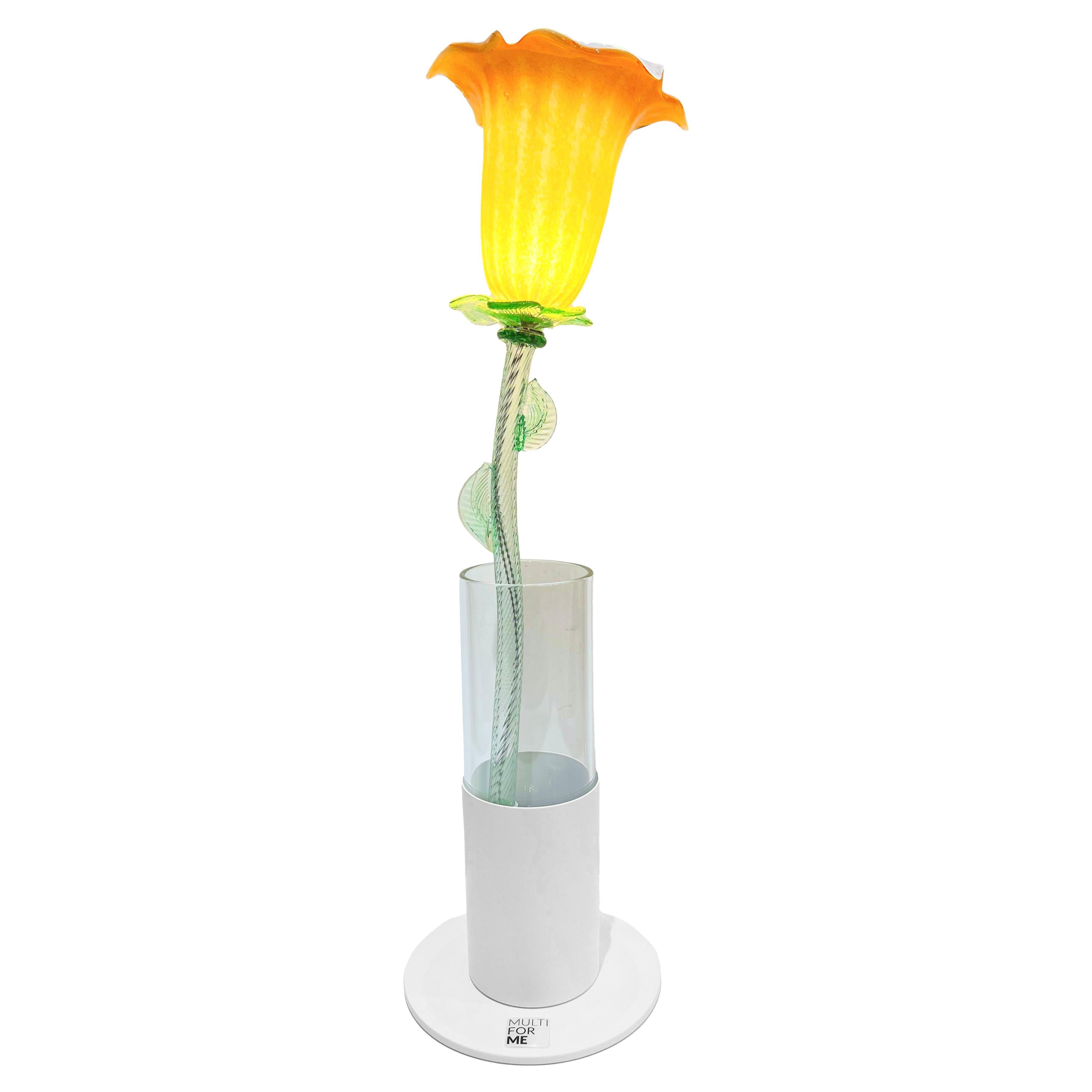 Lampe de vase/table italienne moderne organique orange Art Glass Lit Flower White