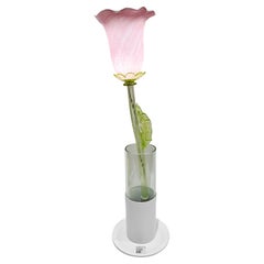 Italian Design Organic Modern Pink Art Glass Lit Flower White Vase/Table Lamp