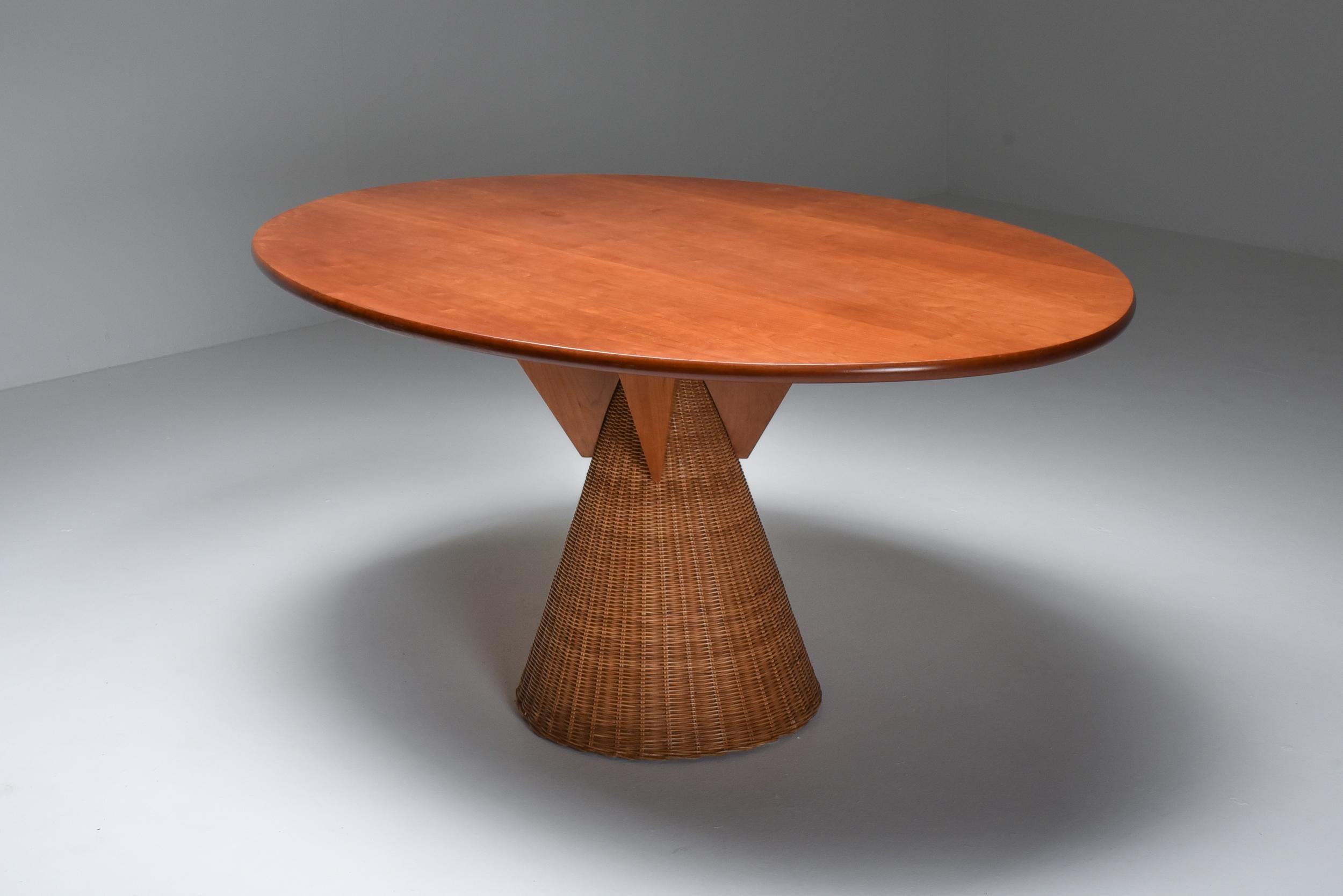 Post-Modern Italian Design Oval Mid-Century Modern Dining Table on a Rattan Base