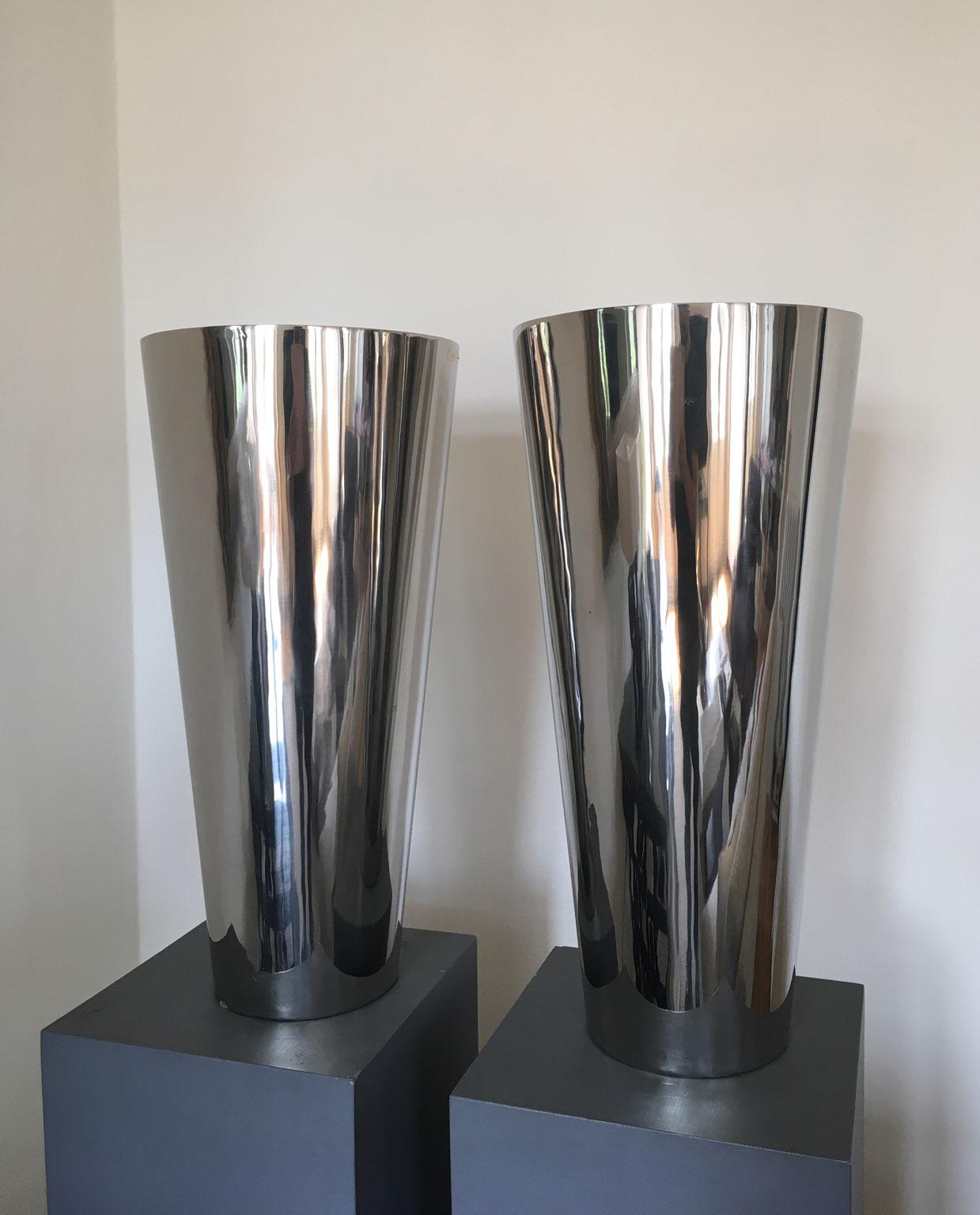 Modern Italian Design Pair Metal Chrome Finish Vases For Sale