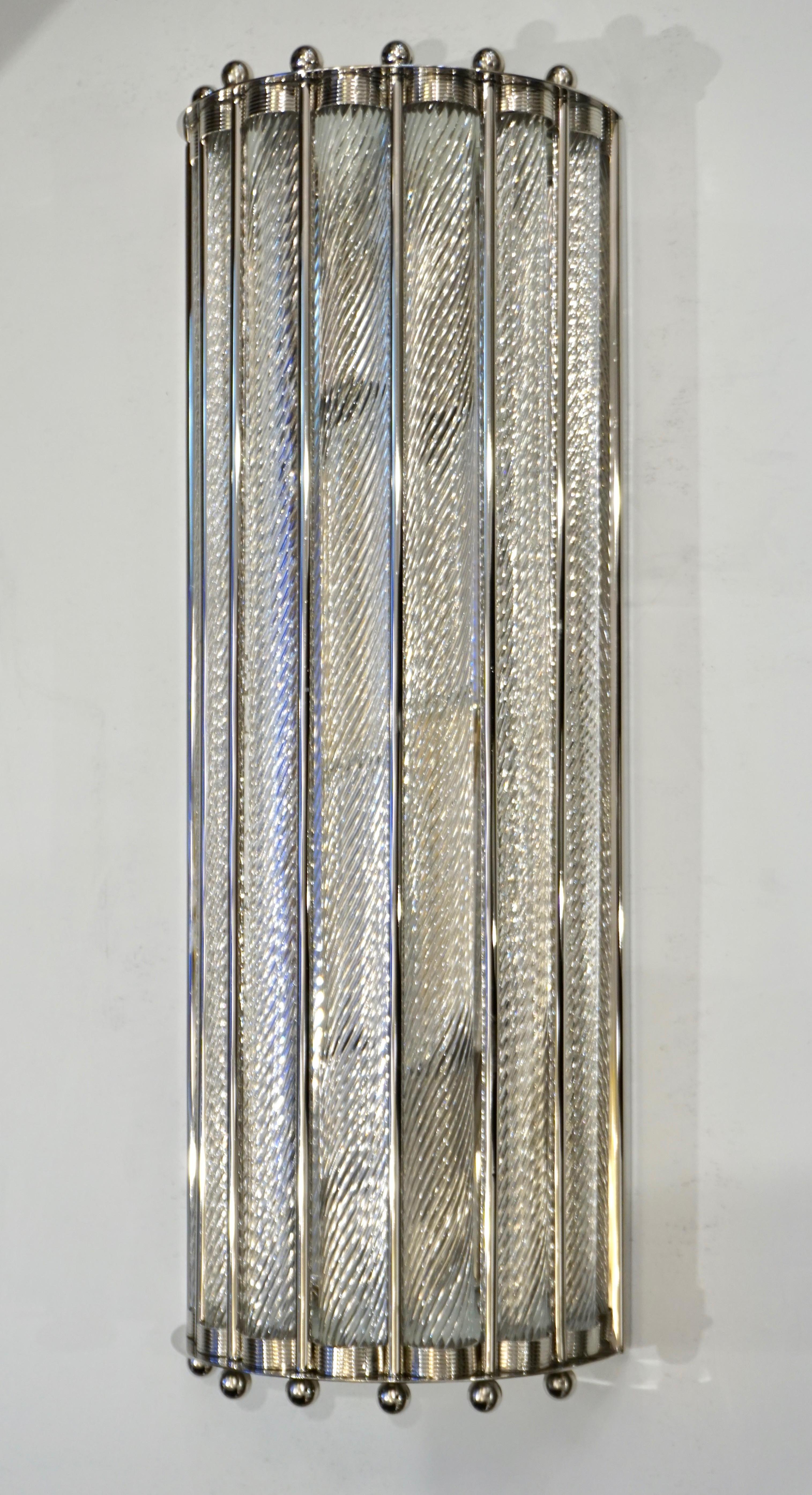 Contemporary Italian Design Pair of Crystal Murano Glass Half Moon Nickel Finish Sconces For Sale