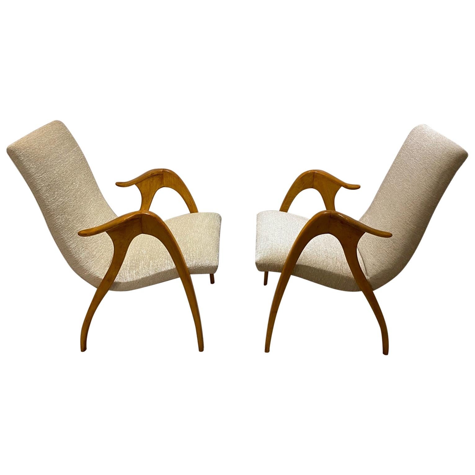 Italian Design Pair of Maple Wood Chairs by Malatesta and Masson, Italy, 1950s