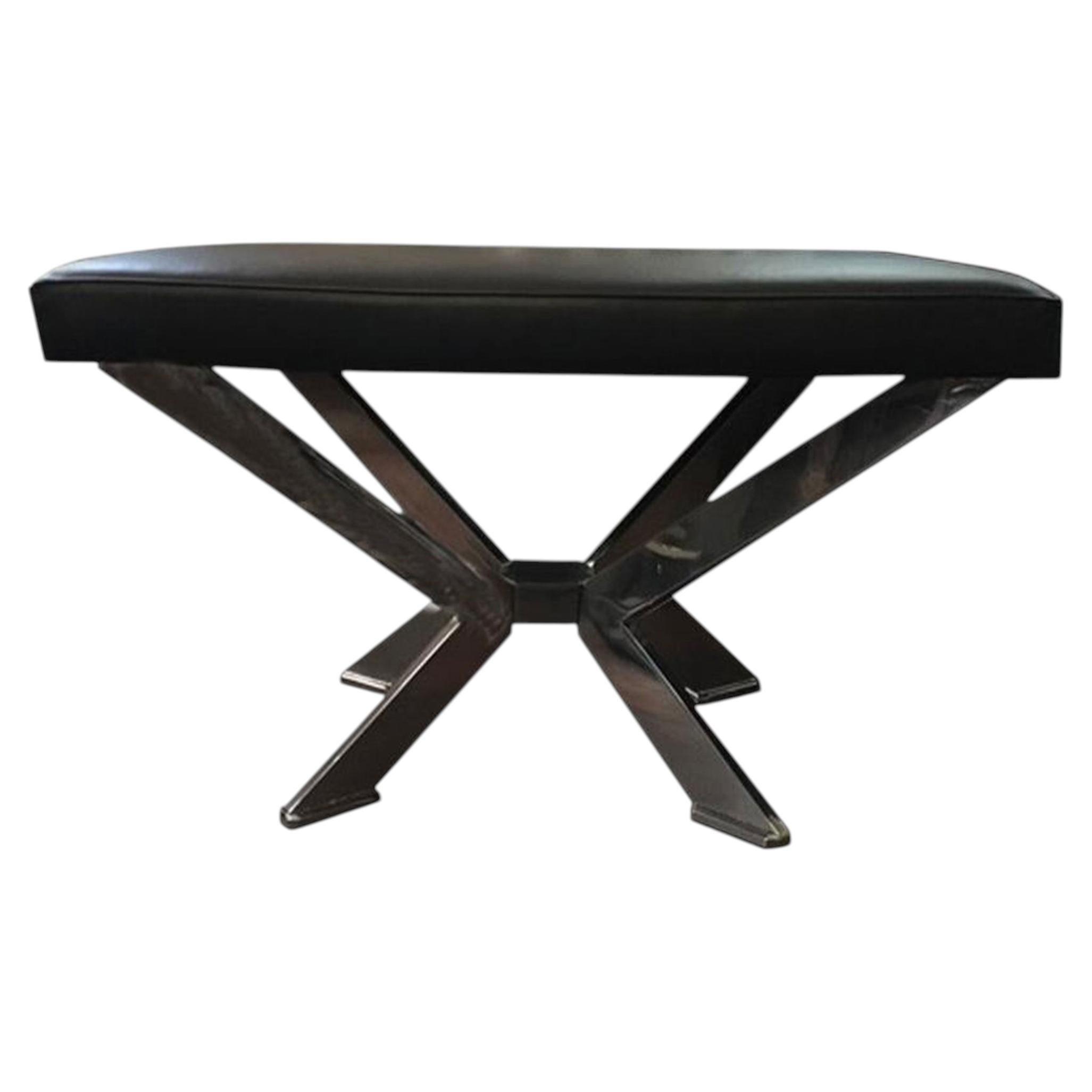 Italian Design Rectangular Black Leather and Chrome-Plated Brass Bench For Sale