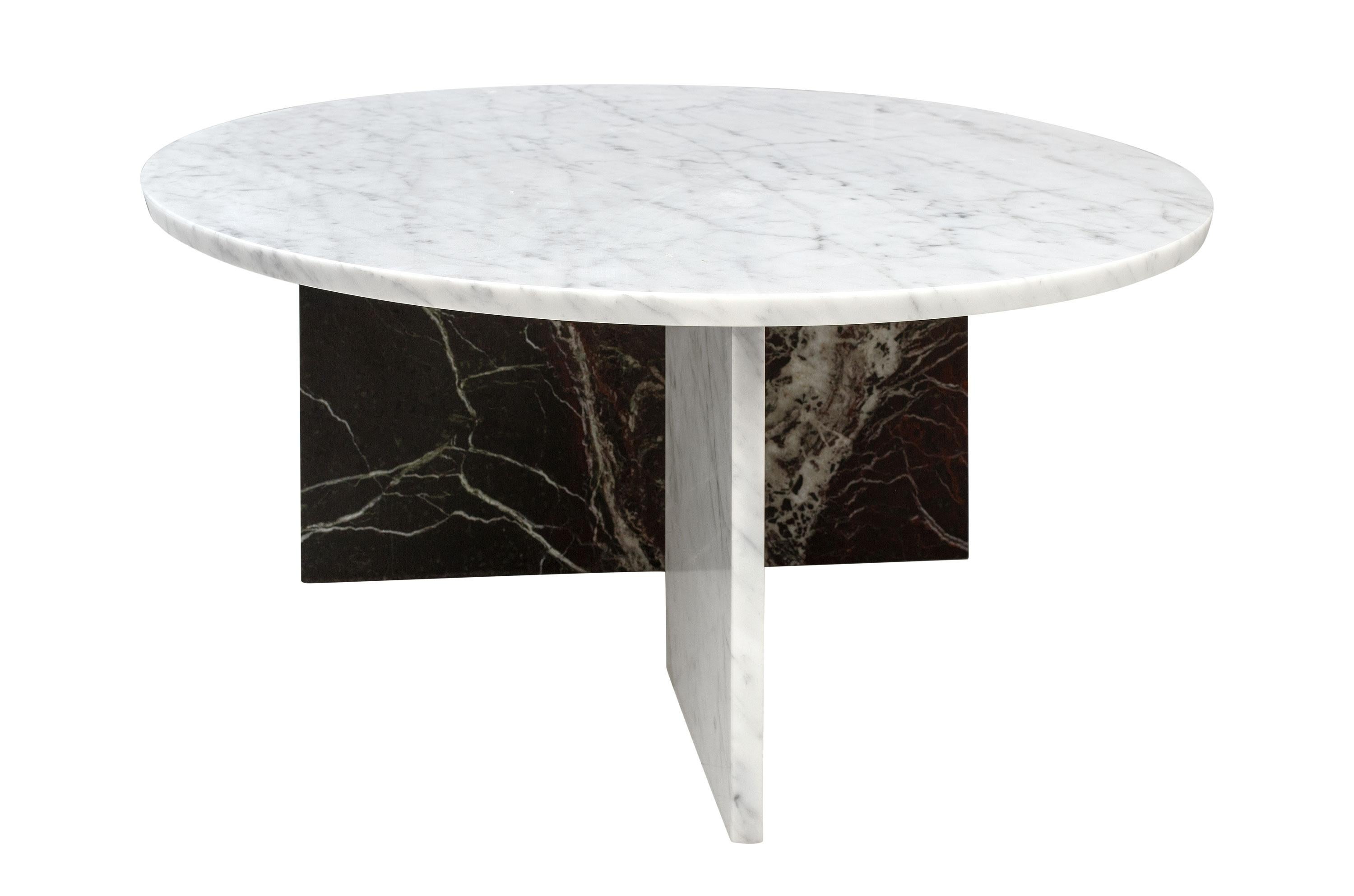 Italian design Carrara and red marble table composed of a graphic structure with round tray and rectangular feet.   
  