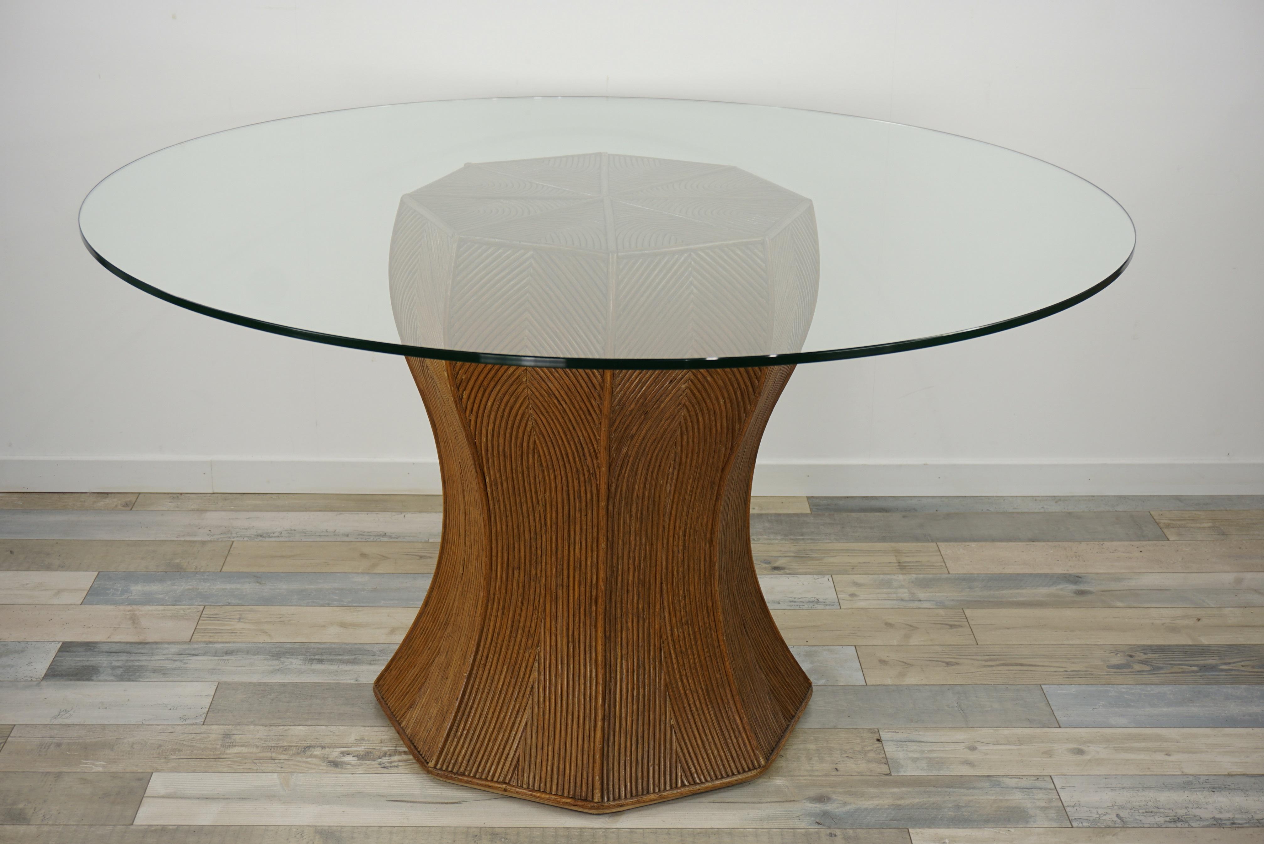 Hollywood Regency Italian Design Pencil Reed Or Rattan Marquetry and Glass Pedestal Dining Table