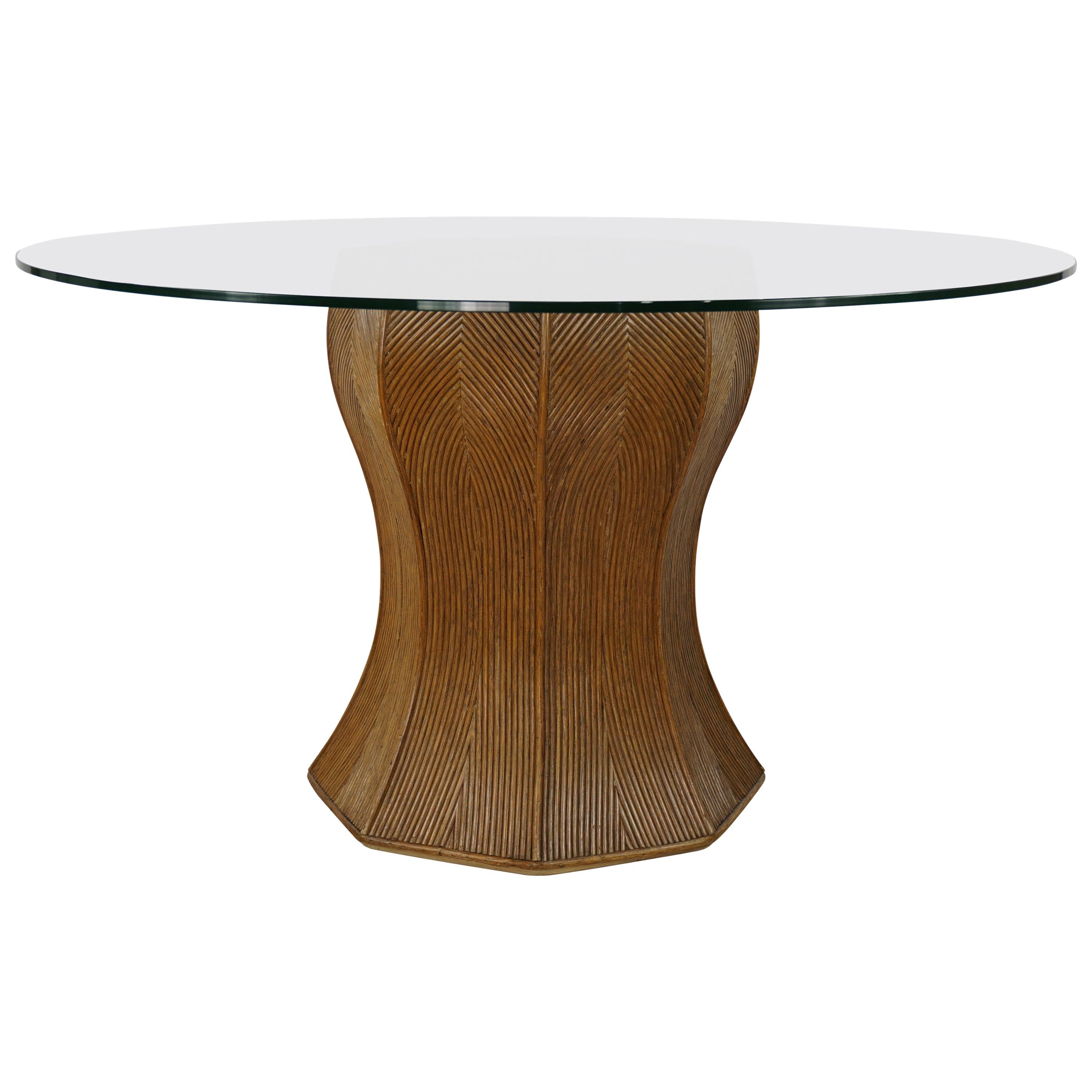 Italian Design Pencil Reed Or Rattan Marquetry and Glass Pedestal Dining Table