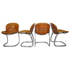 Italian Design "Sabrina" Cognac Leather and Chrome Chairs by Gastone Rinaldi